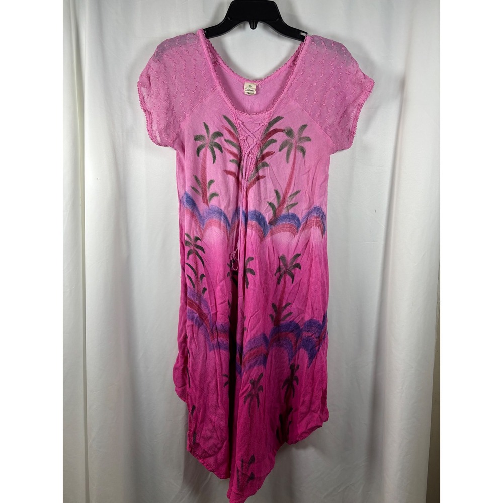 Tropical Beach Coverup Pink Ombre Palm Tree Lace Up V‎ Neck One Size